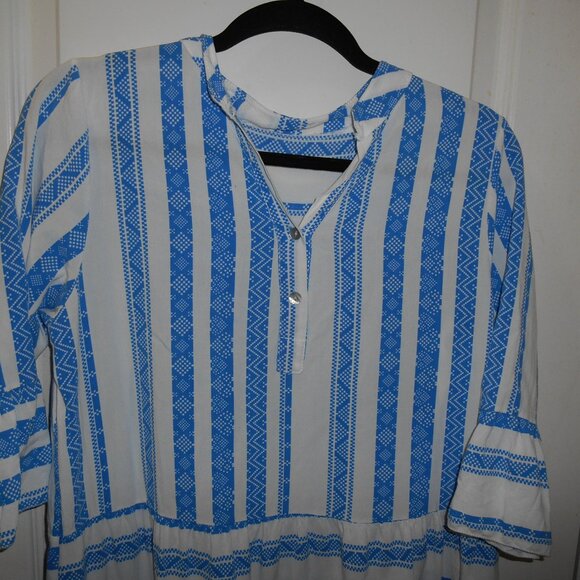 BLUE & WHITE VISCOSE MINI DRESS SWIM COVER RUFFLE HEM BOHO SIZE 5 MADE IN ITALY - Picture 3 of 13